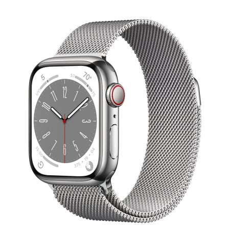 Apple Watch S8 Cellular 41mm Silver Stainless Steel Case, Silver Milanese Loop, mnj83wb/a