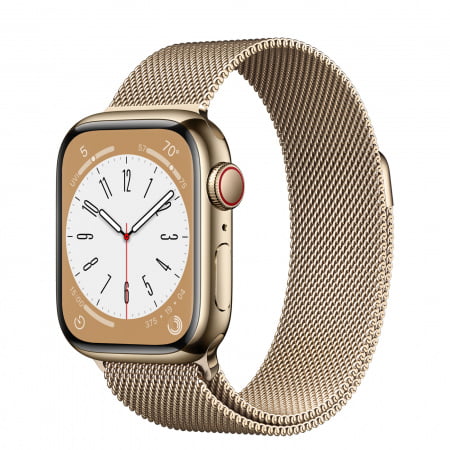 Apple Watch S8 Cellular 41mm Gold Stainless Steel Case, Gold Milanese Loop, mnjf3wb/a