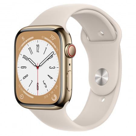 Apple Watch S8 Cellular 45mm Gold Stainless Steel Case, Starlight Sport Band - Regular, mnkm3wb/a