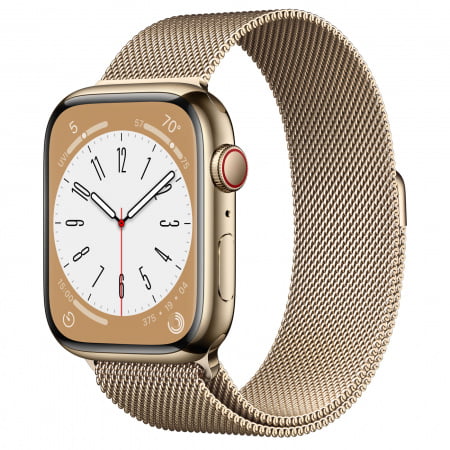 Apple Watch S8 Cellular 45mm Gold Stainless Steel Case, Gold Milanese Loop, mnkq3wb/a