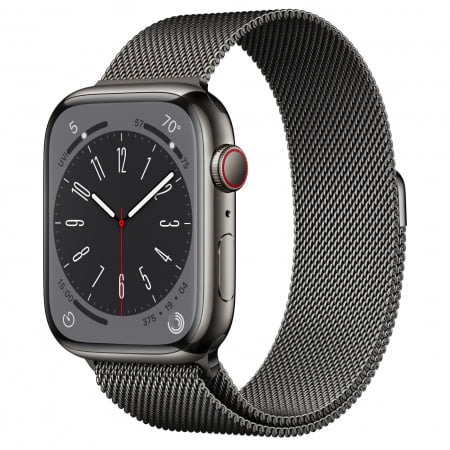 Apple Watch S8 Cellular 45mm Graphite Stainless Steel Case, Graphite Milanese Loop, mnkx3wb/a