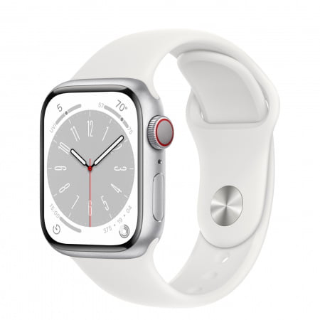 Apple Watch S8 Cellular 41mm Silver Aluminium Case, White Sport Band - Regular, mp4a3wb/a