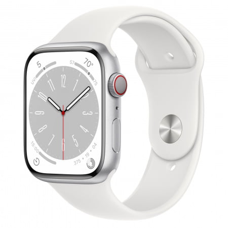 Apple Watch S8 Cellular 45mm Silver Aluminium Case, White Sport Band - Regular, mp4j3wb/a