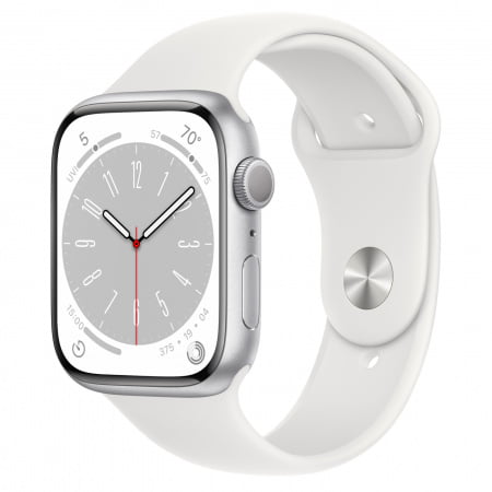 Apple Watch S8 GPS 45mm Silver Aluminium Case, White Sport Band - Regular, mp6n3wb/a