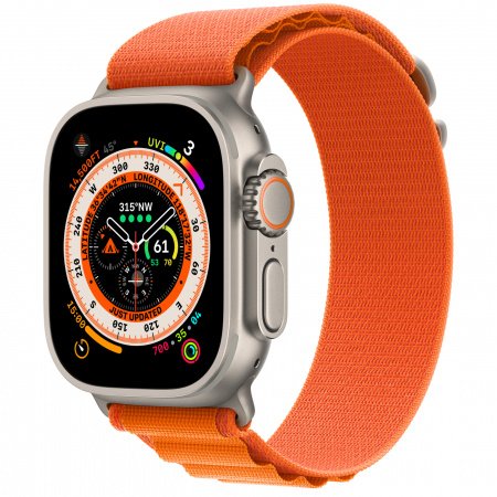 Apple Watch Ultra Cellular, 49mm Titanium Case, Orange Alpine Loop - Large, mqfm3wb/a