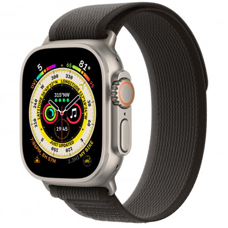 Apple Watch Ultra Cellular, 49mm Titanium Case, Black/Gray Trail Loop - M/L, mqfx3wb/a