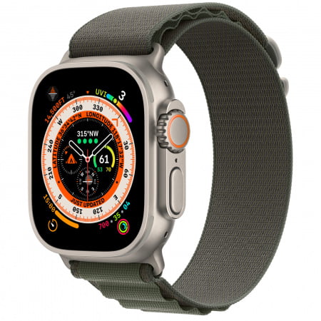 Apple Watch Ultra Cellular, 49mm Titanium Case, Green Alpine Loop - Large, mqfp3wb/a