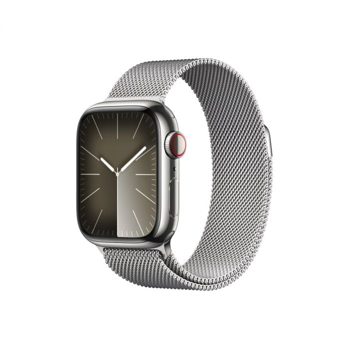 Apple Watch 9 GPS + Cellular, 41mm Silver Stainless Steel Case, Silver Milanese Loop, MRJ43QP/A