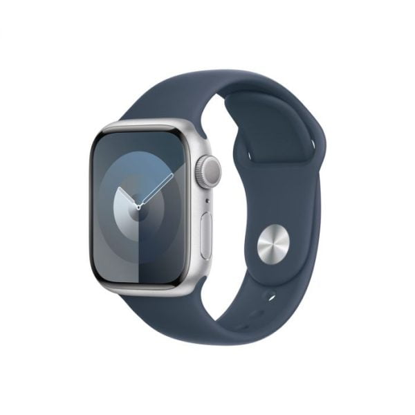 Apple Watch 9 GPS, 41mm Silver Aluminium Case, Storm Blue Sport Band - M/L, MR913QP/A