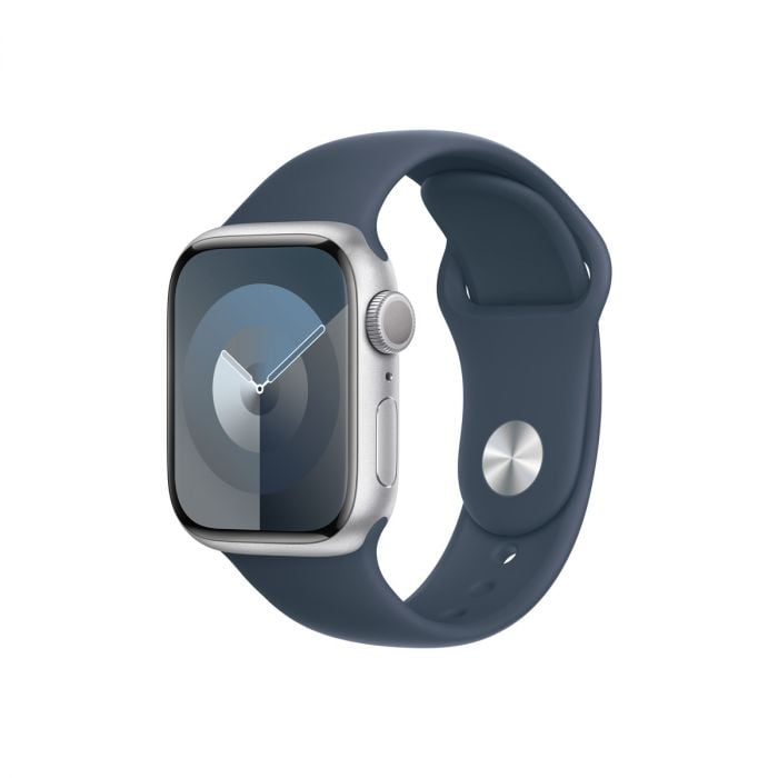 Apple Watch 9 GPS, 41mm Silver Aluminium Case, Storm Blue Sport Band - M/L, MR913QP/A