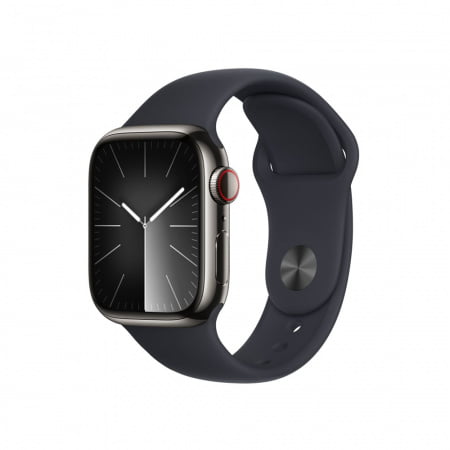 Apple Watch S9 Cellular 41mm Graphite Stainless Steel Case w Midnight Sport Band - S/M, mrj83qp/a