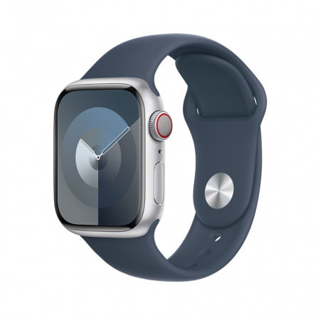 Apple Watch S9 Cellular 45mm Silver Alu Case w Storm Blue Sport Band - S/M, mrmg3qp/a