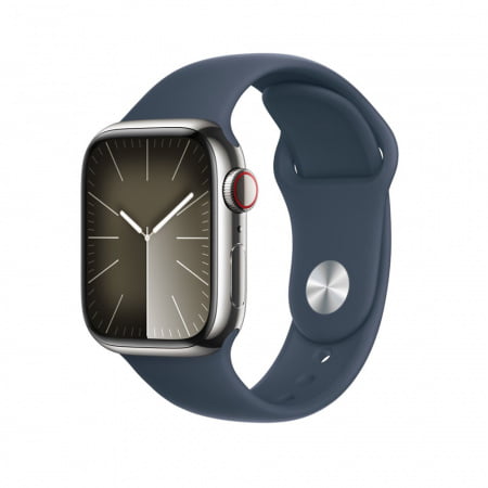 Apple Watch S9 Cellular 45mm Silver Stainless Steel Case w Storm Blue Sport Band - S/M, mrmn3qp/a