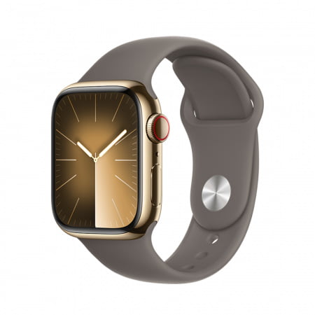 Apple Watch S9 Cellular 45mm Gold Stainless Steel Case w Clay Sport Band - M/L, mrmt3qp/a