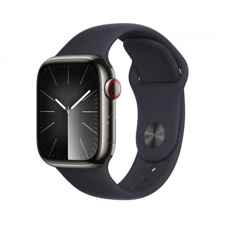 Apple Watch S9 Cellular 45mm Graphite Stainless Steel Case w Midnight Sport Band - M/L, mrmw3qp/a