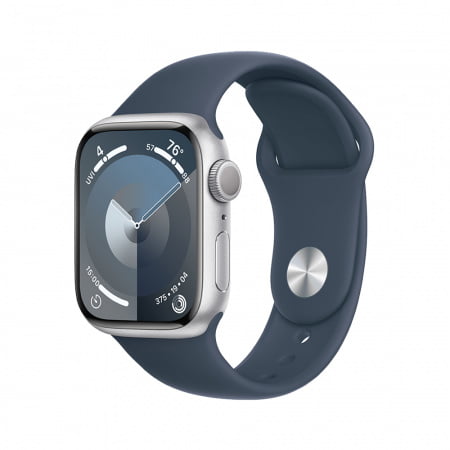 Apple Watch S9 GPS 45mm Silver Alu Case w Storm Blue Sport Band - M/L, mr9e3qp/a