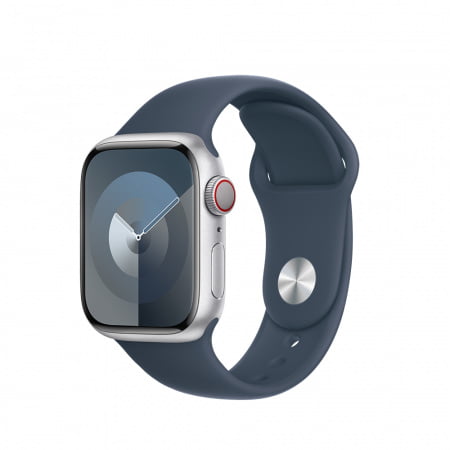 Apple Watch S9 Cellular 41mm Silver Alu Case w Storm Blue Sport Band - M/L, mrhw3qp/a
