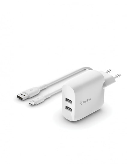 Belkin BOOST CHARGE 24w USB-A Dual Wall Charger w/ 1m A-C - White, WCE001vf1MWH