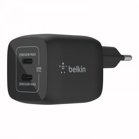 Belkin BOOST CHARGE PRO 45W PD PPS Dual USB-C GaN Charger Universal - Black, WCH011vfBK