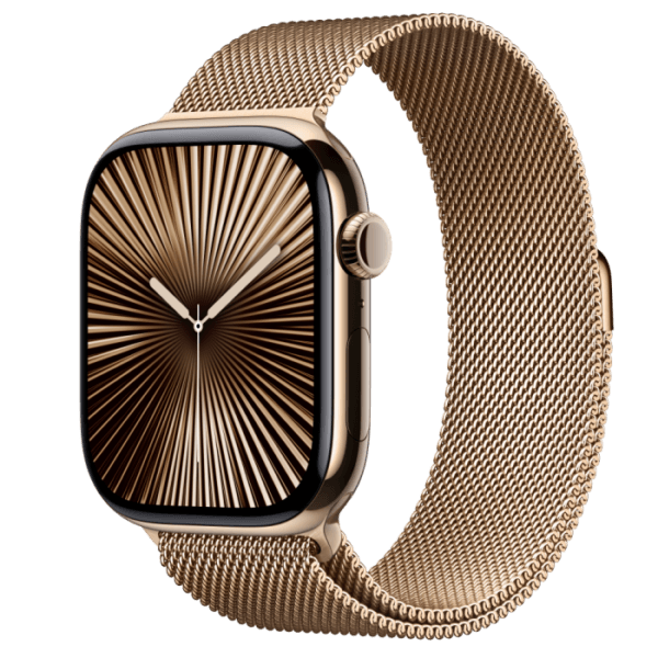 Apple Watch Series 10 GPS + Cellular, 46mm Gold Titanium Case, Gold Milanese Loop - M/L, mx003qc/a