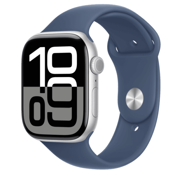 Apple Watch Series 10 GPS + Cellular, 46mm Silver Aluminium Case, Denim Sport Band - S/M, mwy03qc/a