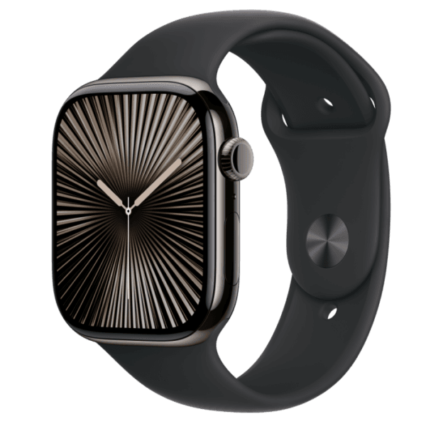 Apple Watch Series 10 GPS + Cellular, 46mm Slate Titanium Case, Black Sport Band - M/L, mwye3qc/a